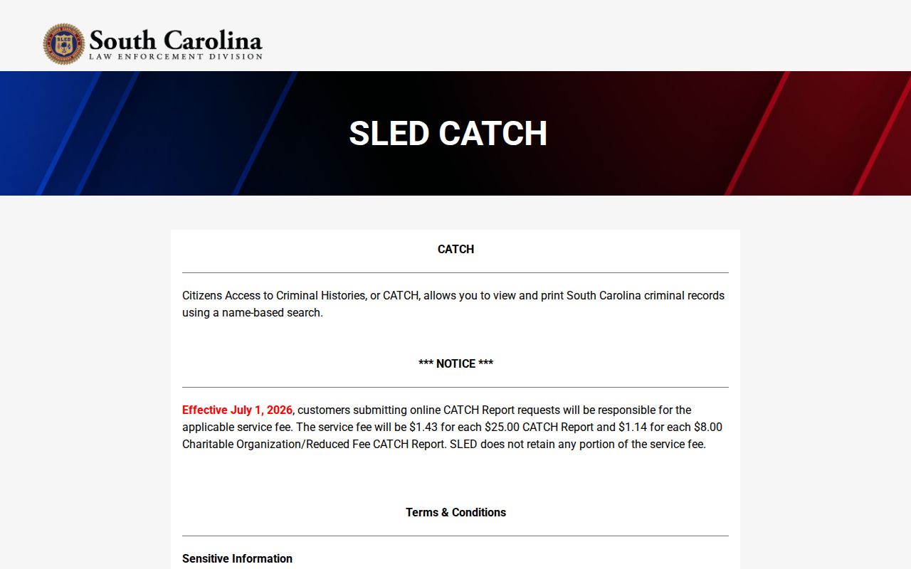 SLED CATCH criminal-history search notice excluding wanted-person information