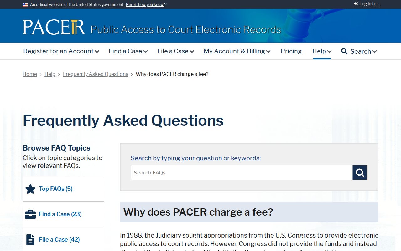 PACER fee information for federal case searches
